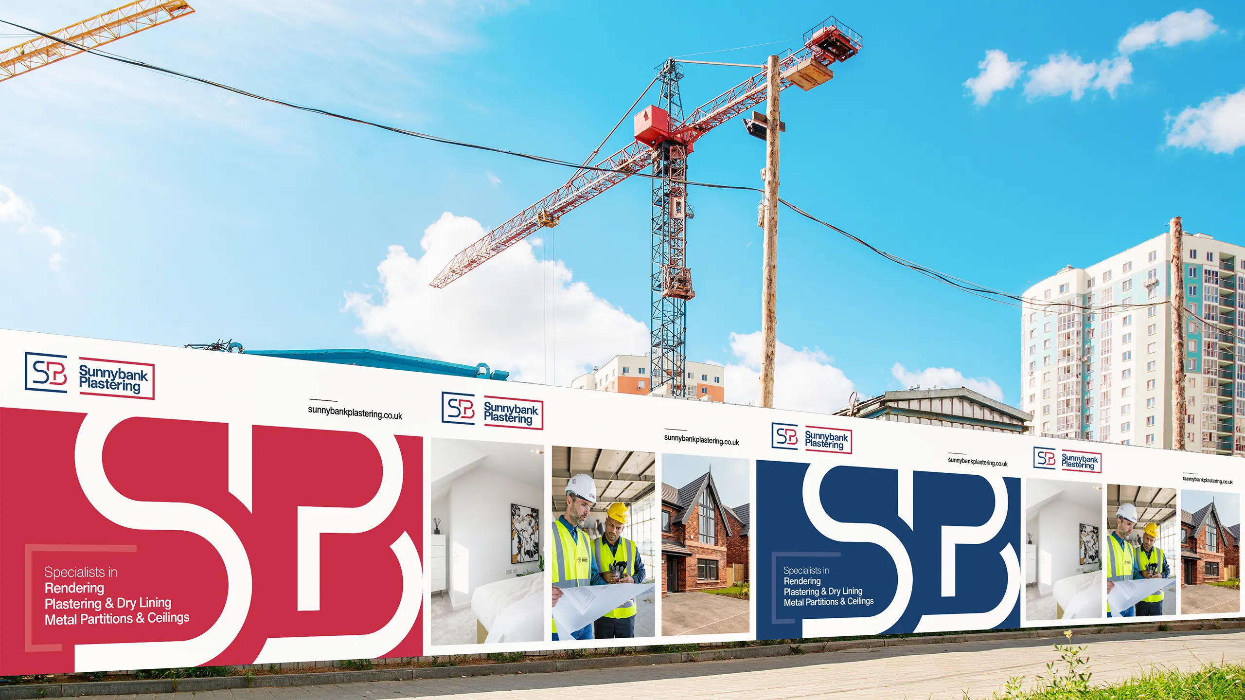 Sunnybank Plastering construction hoarding design using the new brand identity